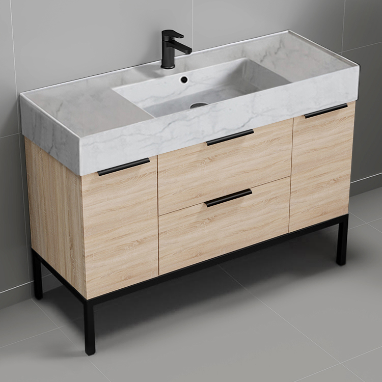 Nameeks DERIN767 48 Inch Marble Style Sink Free Standing Single Bathroom Vanity, Brown Oak